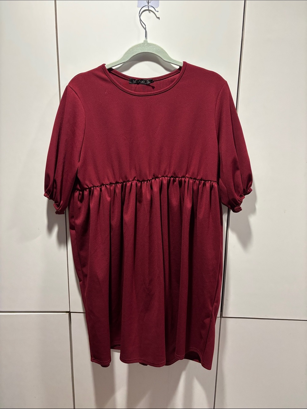 Boohoo Burgundy Short Puff-Sleeve Empire Tunic size 12 NWT